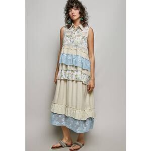 "Danielle" Floral Lace Ruffle Maxi Dress Cream & Blue